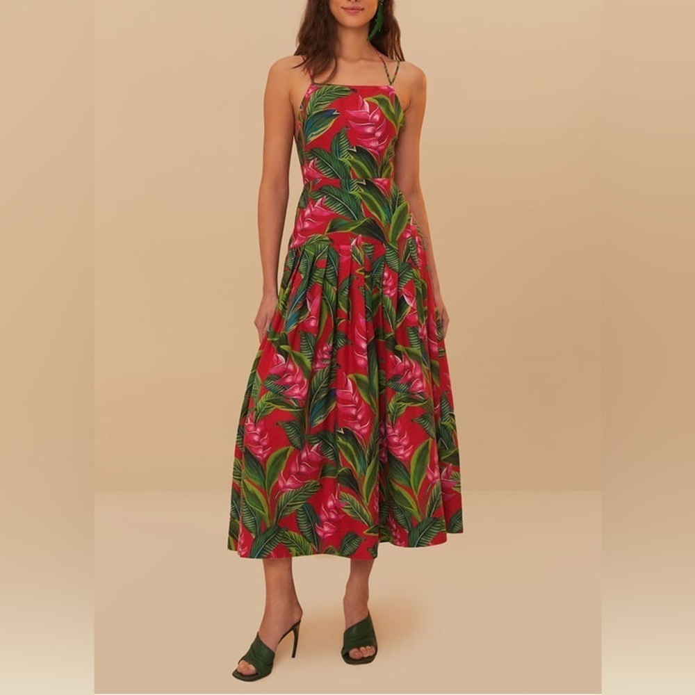 FARM RIO Square Neck Midi Dress in Linen Blend - Red B1353